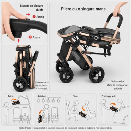 Carucior 3 in 1 7STAR® multifunctional pentru copii – landou, scaun auto si carucior sport, pliabil, design premium, Gri [7]