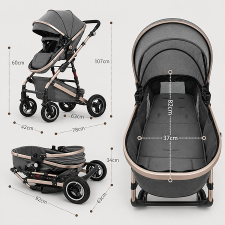 Carucior 3 in 1 7STAR® multifunctional pentru copii – landou, scaun auto si carucior sport, pliabil, design premium, Gri [8]