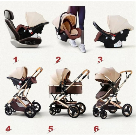 Carucior 3 in 1 7STAR® multifunctional pentru copii – landou, scaun auto si carucior sport, pliabil, design premium, Maro [3]