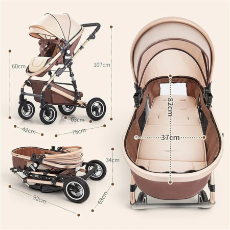 Carucior 3 in 1 7STAR® multifunctional pentru copii – landou, scaun auto si carucior sport, pliabil, design premium, Maro [8]