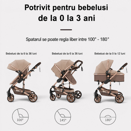 Carucior 3 in 1 7STAR® multifunctional pentru copii – landou, scaun auto si carucior sport, pliabil, design premium, Maro [4]