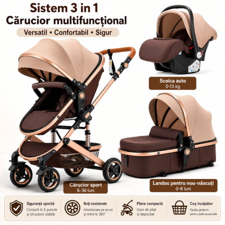 Carucior 3 in 1 7STAR® multifunctional pentru copii – landou, scaun auto si carucior sport, pliabil, design premium, Maro [9]