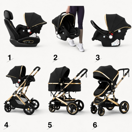 Carucior 3 in 1 7STAR® multifunctional pentru copii – landou, scaun auto si carucior sport, pliabil, design premium, Negru [2]