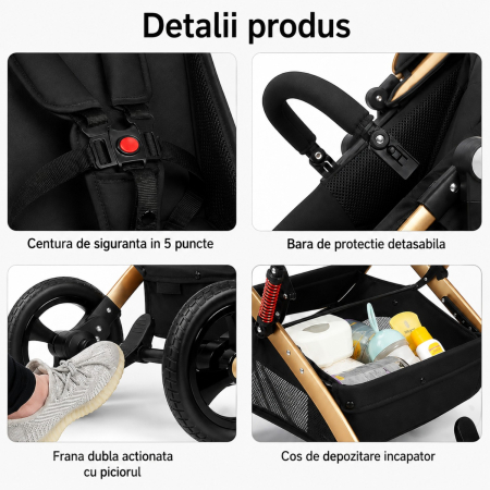 Carucior 3 in 1 7STAR® multifunctional pentru copii – landou, scaun auto si carucior sport, pliabil, design premium, Negru [4]