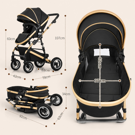 Carucior 3 in 1 7STAR® multifunctional pentru copii – landou, scaun auto si carucior sport, pliabil, design premium, Negru [7]