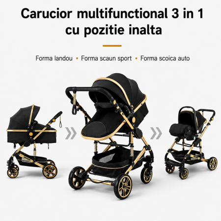 Carucior 3 in 1 7STAR® multifunctional pentru copii – landou, scaun auto si carucior sport, pliabil, design premium, Negru [1]