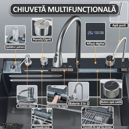 Chiuveta multifunctionala cu 2 cascade cu accesorii incluse, afisaj digital a temperaturii si robinet cascada, culoare negru grafit, dimensiune 750x460mm [10]