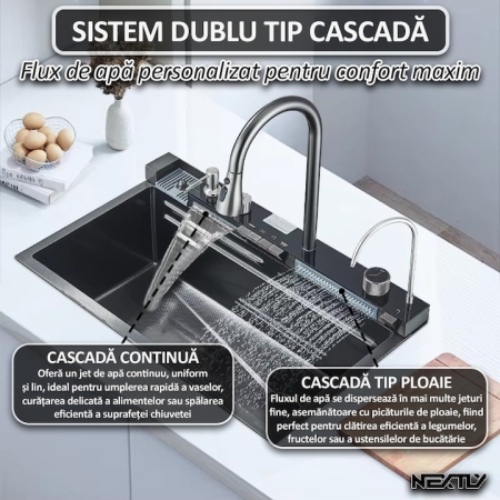 Chiuveta multifunctionala cu 2 cascade cu accesorii incluse, afisaj digital a temperaturii si robinet cascada, culoare negru grafit, dimensiune 750x460mm [3]