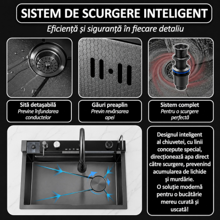 Chiuveta multifunctionala cu 2 cascade cu accesorii incluse, afisaj digital a temperaturii si robinet cascada, culoare negru grafit, dimensiune 750x460mm [13]