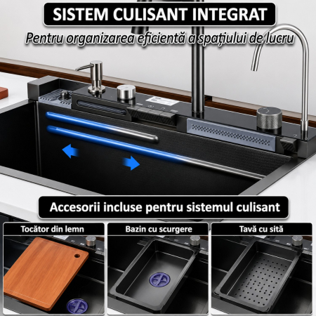 Chiuveta multifunctionala cu 2 cascade cu accesorii incluse, afisaj digital a temperaturii si robinet cascada, culoare negru grafit, dimensiune 750x460mm [14]