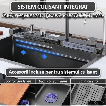 Chiuveta multifunctionala cu 2 cascade cu accesorii incluse, afisaj digital a temperaturii si robinet cascada, culoare negru grafit, dimensiune 750x460mm [14]