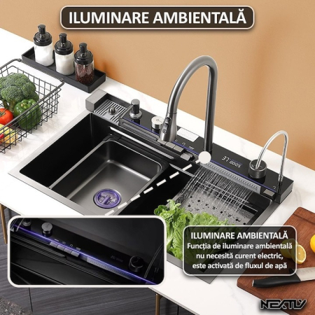 Chiuveta multifunctionala cu 2 cascade cu accesorii incluse, afisaj digital a temperaturii si robinet cascada, culoare negru grafit, dimensiune 750x460mm [11]
