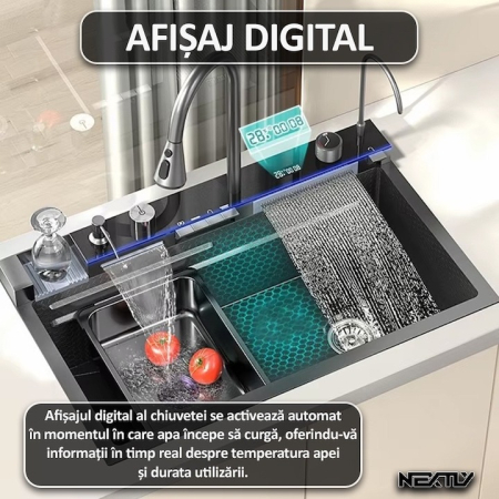 Chiuveta multifunctionala cu 2 cascade cu accesorii incluse, afisaj digital a temperaturii si robinet cascada, culoare negru grafit, dimensiune 750x460mm [2]