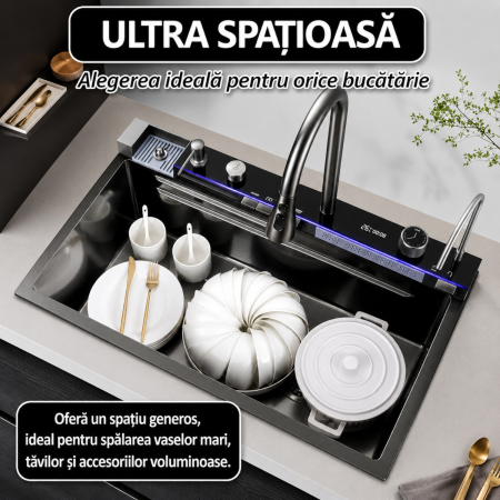 Chiuveta multifunctionala cu 2 cascade cu accesorii incluse, afisaj digital a temperaturii si robinet cascada, culoare negru grafit, dimensiune 750x460mm [8]