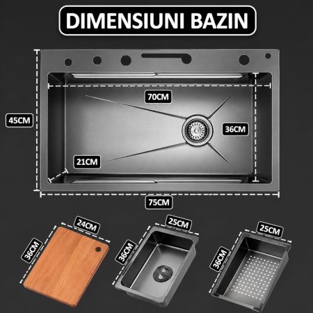 Chiuveta multifunctionala cu 2 cascade cu accesorii incluse, afisaj digital a temperaturii si robinet cascada, culoare negru grafit, dimensiune 750x460mm [16]