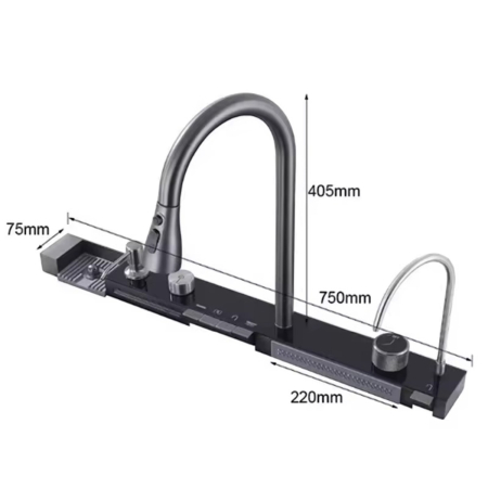 Consola multifunctionala pentru chiuveta, Afisaj digital, LED, 2 cascade, Clatitor pahare si robinet pentru apa filtrata, 750 mm, negru grafit [6]