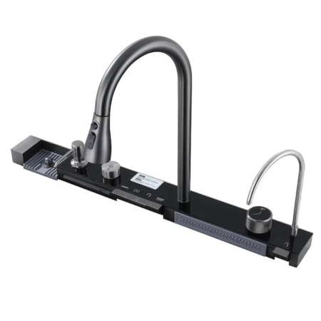 Sanitare - Consola multifunctionala pentru chiuveta, Afisaj digital, LED, 2 cascade, Clatitor pahare si robinet pentru apa filtrata, 750 mm, negru grafit