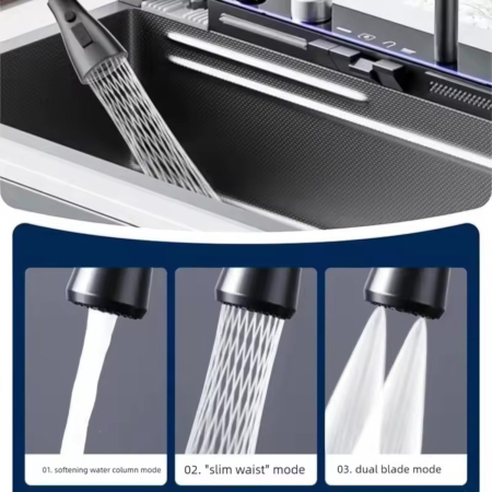Consola multifunctionala pentru chiuveta, Afisaj digital, LED, 2 cascade, Clatitor pahare si robinet pentru apa filtrata, 750 mm, negru grafit [3]