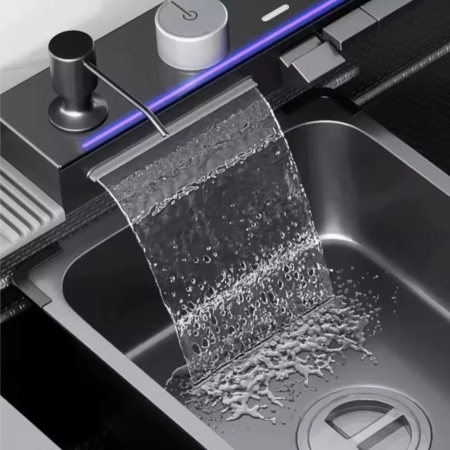 Consola multifunctionala pentru chiuveta, Afisaj digital, LED, 2 cascade, Clatitor pahare si robinet pentru apa filtrata, 750 mm, negru grafit [4]
