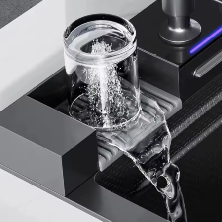 Consola multifunctionala pentru chiuveta, Afisaj digital, LED, 2 cascade, Clatitor pahare si robinet pentru apa filtrata, 750 mm, negru grafit [5]