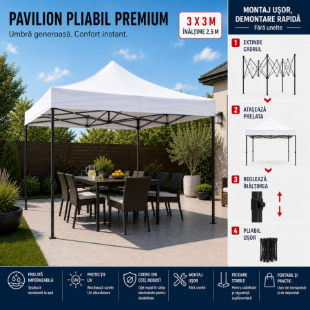 Cort Pavilion 3x3m Alb Pliabil Cadru Metal pentru Curte, Gradina, Evenimente [10]
