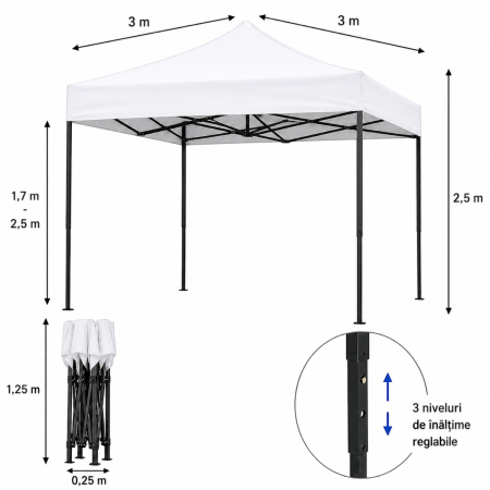 Cort Pavilion 3x3m Alb Pliabil Cadru Metal pentru Curte, Gradina, Evenimente [6]