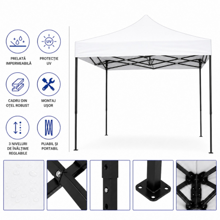 Cort Pavilion 3x3m Alb Pliabil Cadru Metal pentru Curte, Gradina, Evenimente [7]