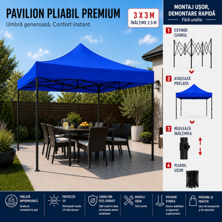 Cort Pavilion 3x3m Albastru Pliabil Cadru Metal pentru Curte, Gradina, Evenimente [10]