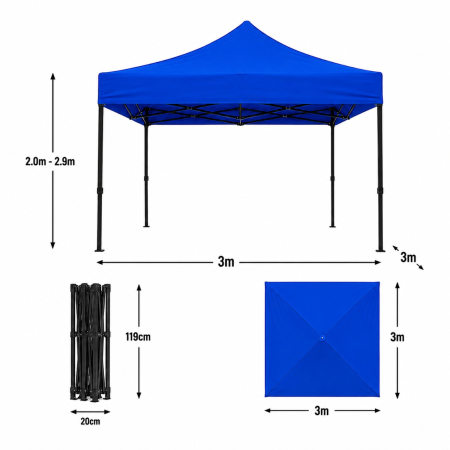 Cort Pavilion 3x3m Albastru Pliabil Cadru Metal pentru Curte, Gradina, Evenimente [8]