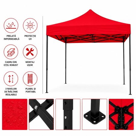 Cort Pavilion 3x3m Rosu Pliabil Cadru Metal pentru Curte, Gradina, Evenimente [7]