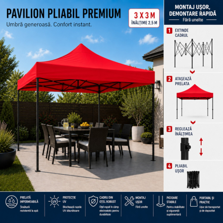 Cort Pavilion 3x3m Rosu Pliabil Cadru Metal pentru Curte, Gradina, Evenimente [10]