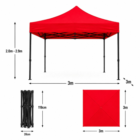 Cort Pavilion 3x3m Rosu Pliabil Cadru Metal pentru Curte, Gradina, Evenimente [8]