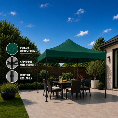 Cort Pavilion 3x3m Verde Pliabil Cadru Metal pentru Curte, Gradina, Evenimente [15]