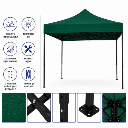 Cort Pavilion 3x3m Verde Pliabil Cadru Metal pentru Curte, Gradina, Evenimente [7]