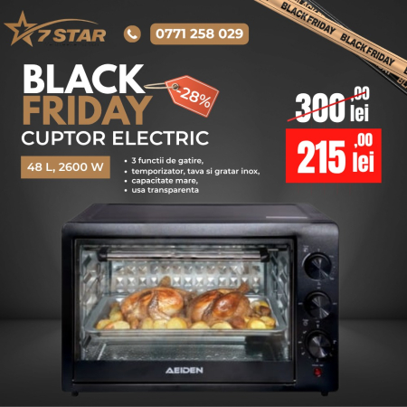 Electrocasnice & Climatizare - Cuptor electric 48 L AEIDEN®, 2600 W, 3 functii de gatire, temporizator, tava si gratar inox, capacitate mare, usa transparenta, Negru