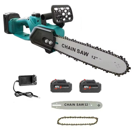 Scule electrice & unelte - Drujba electrica cu lant 12 inch 1200W, cu 2 acumulatori, 48V, Lithium, 4800rpm, 305mm, sistem de ungere automat, pompa de ulei