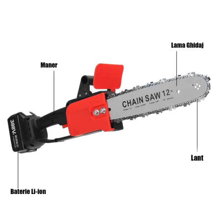 Scule electrice & unelte - Drujba electrica cu lant 12 inch 1200W, cu 2 acumulatori, 48V, Lithium, 4800rpm, 305mm