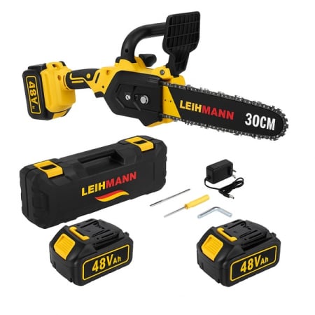 Scule electrice & unelte - Drujba electrica LEIHMANN, 12 inch (30 cm), 2 acumulatori 48V, 3 lanturi, galben/negru