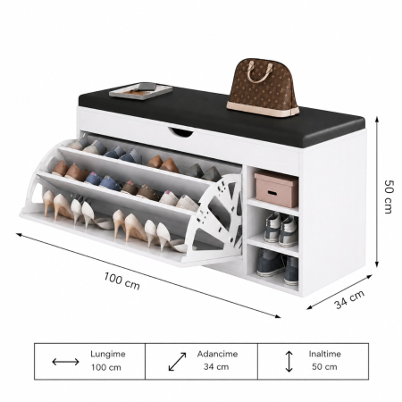 Dulap pentru pantofi tip bancheta, 6 rafturi, 100x34x50 cm, PAL melaminat, Alb [10]