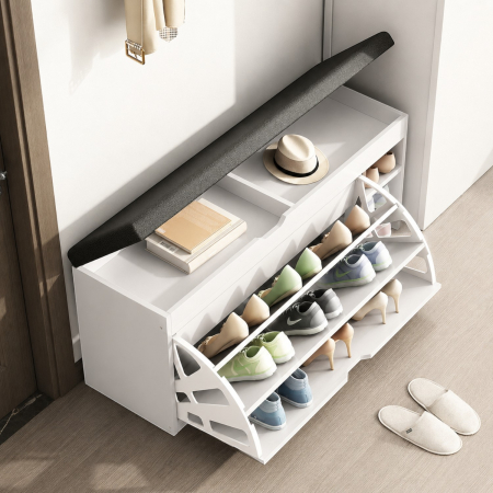 Dulap pentru pantofi tip bancheta, 6 rafturi, 100x34x50 cm, PAL melaminat, Alb [2]