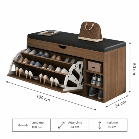 Dulap pentru pantofi tip bancheta, 6 rafturi, 100x34x50 cm, PAL melaminat, Maro [11]