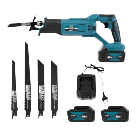 Scule electrice & unelte - Fierastrau tip sabie 7STAR ® XR, cu 2 acumulatori 48V, 5000 mAh, mandrina autoblocanta, 4 bucati panza diferite modele, 1 incarcator, valiza compacta de transport, Albastru