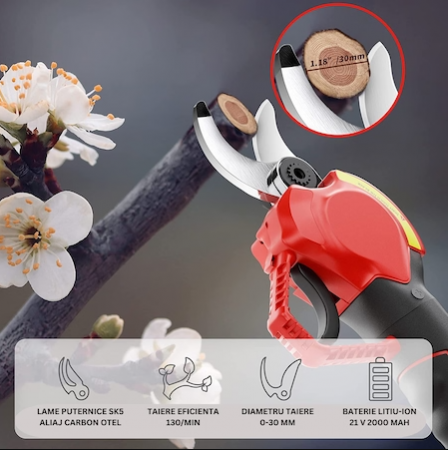 Foarfeca electrica portabila pentru Gradinarit 7STAR ®, 2 Acumulatori 36V, 500W, Lama din otel Carbon, baterie 8000mAh, 1 incarcator, design modern, accesorii incluse si valiza de transport, autonomie [8]