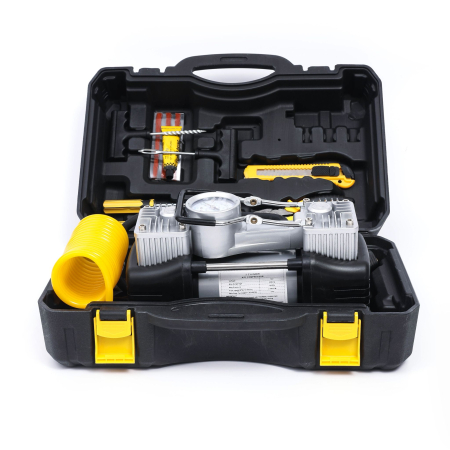 Scule electrice & unelte - Kit pana auto complet, compresor cu 2 cilindri, 500W, metal, accesorii incluse, alimentare la priza 12V, rezistent la apa, protectie suprasarcina, Galben/Negru