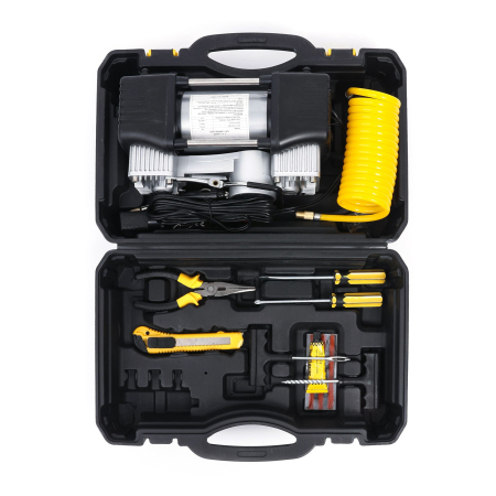 Kit pana auto complet, compresor cu 2 cilindri, 500W, metal, accesorii incluse, alimentare la priza 12V, rezistent la apa, protectie suprasarcina, Galben/Negru [1]