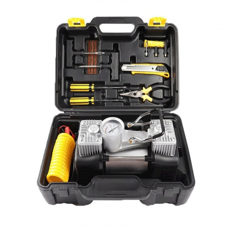 Scule electrice & unelte - Kit pana auto complet, compresor cu 2 cilindri, 500W, metal, accesorii incluse, alimentare la priza 12V, rezistent la apa, protectie suprasarcina, Galben/Negru