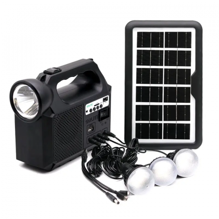 Sisteme si panouri solare - Kit Solar Portabil GDLite GD-8017M, Panou solar, USB, Bluetooth, Radio FM, MP3, Lanterna LED, 3 Becuri Incluse, Incarcare telefonica