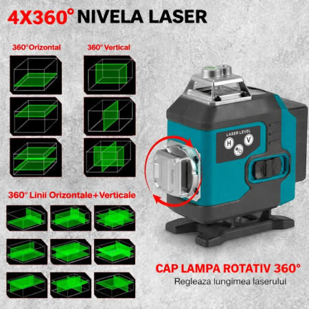 Nivela laser 4D 7STAR ®, 16 linii, auto-nivelare, alimentare USB, 2 baterii, inaltime ajustabila 1.2M [5]