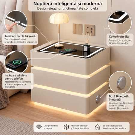 Noptiera Multifunctionala cu 3 Sertare, Design Suspendat, Incarcare Wireless si Boxa Bluetooth, Iluminare LED Ambientala Tricolora, 50x40x62cm, Bej [3]