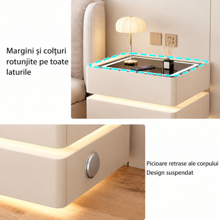 Noptiera Multifunctionala cu 3 Sertare, Design Suspendat, Incarcare Wireless si Boxa Bluetooth, Iluminare LED Ambientala Tricolora, 50x40x62cm, Bej [7]